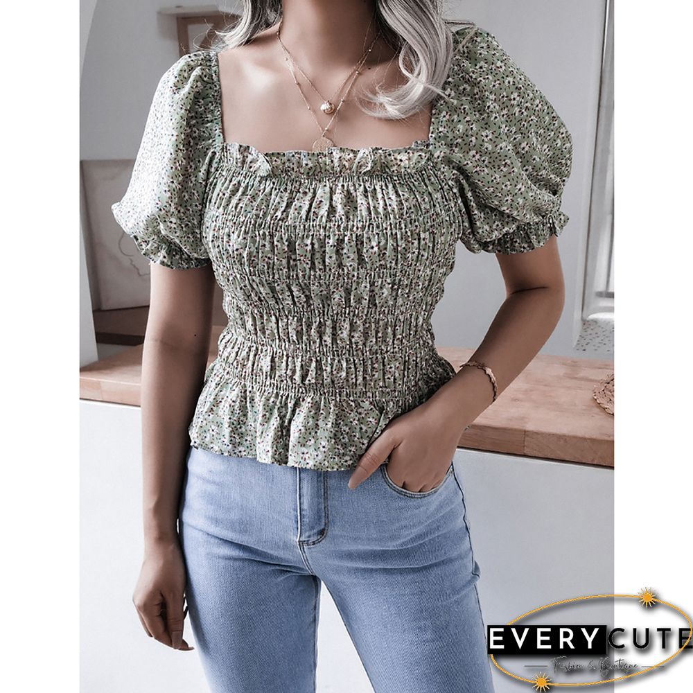 Green Square Neck Floral Print Chiffon Blouse