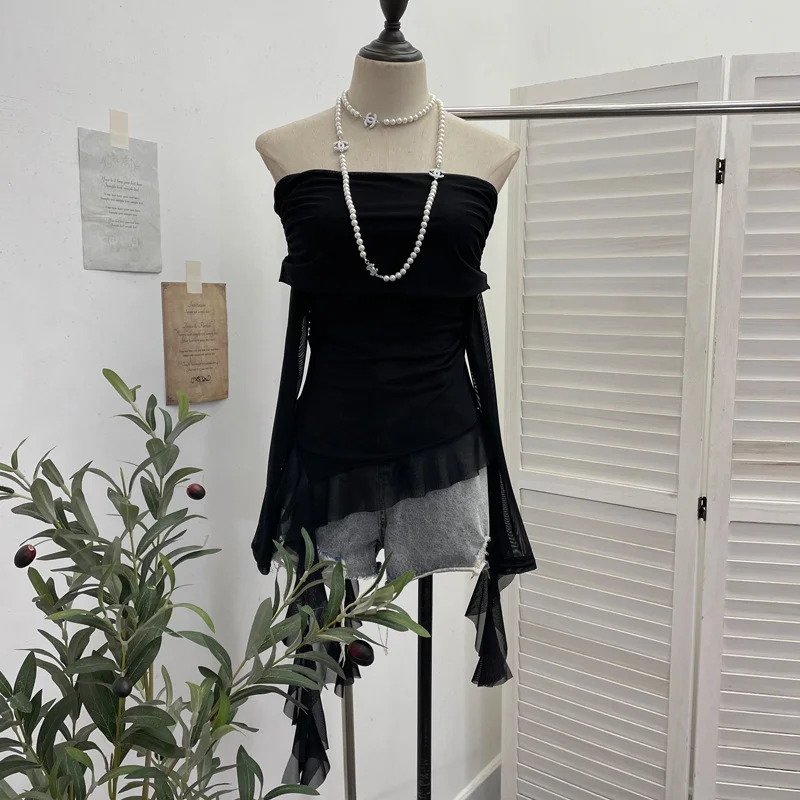 Nigikala Nigikala Shot A Word Shoulder Folded Top Girl Spring And Summer Side-Sleeve Strap Design French Long-Sleeved Mesh T-Shirt 9275