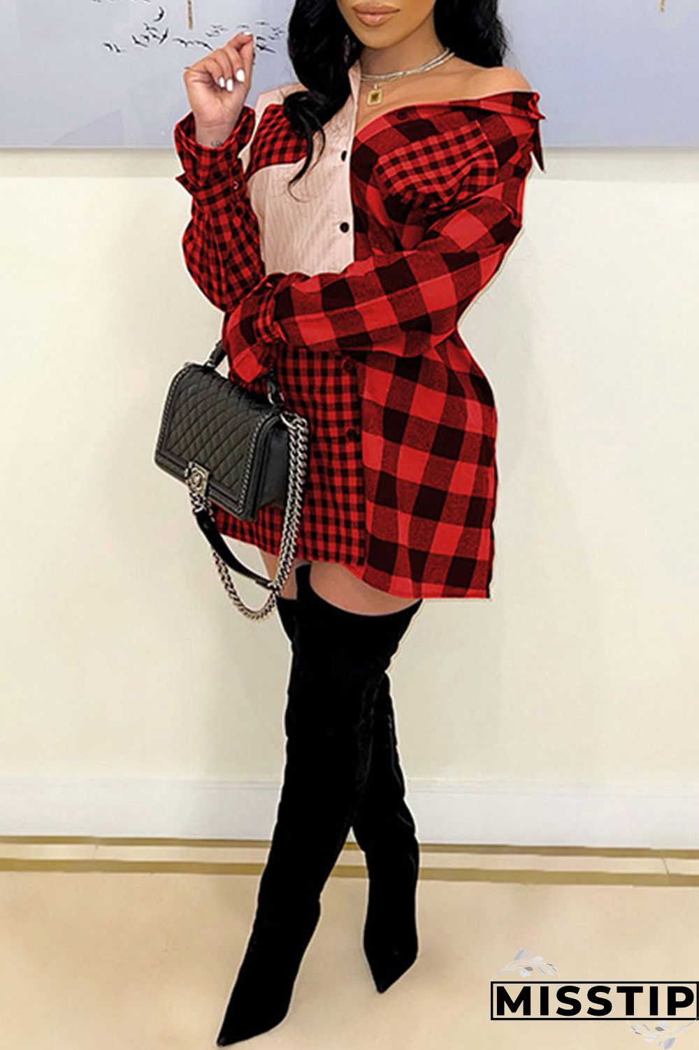 Deep Blue Casual Plaid Print Patchwork Buckle Turndown Collar Shirt Dress Dresses