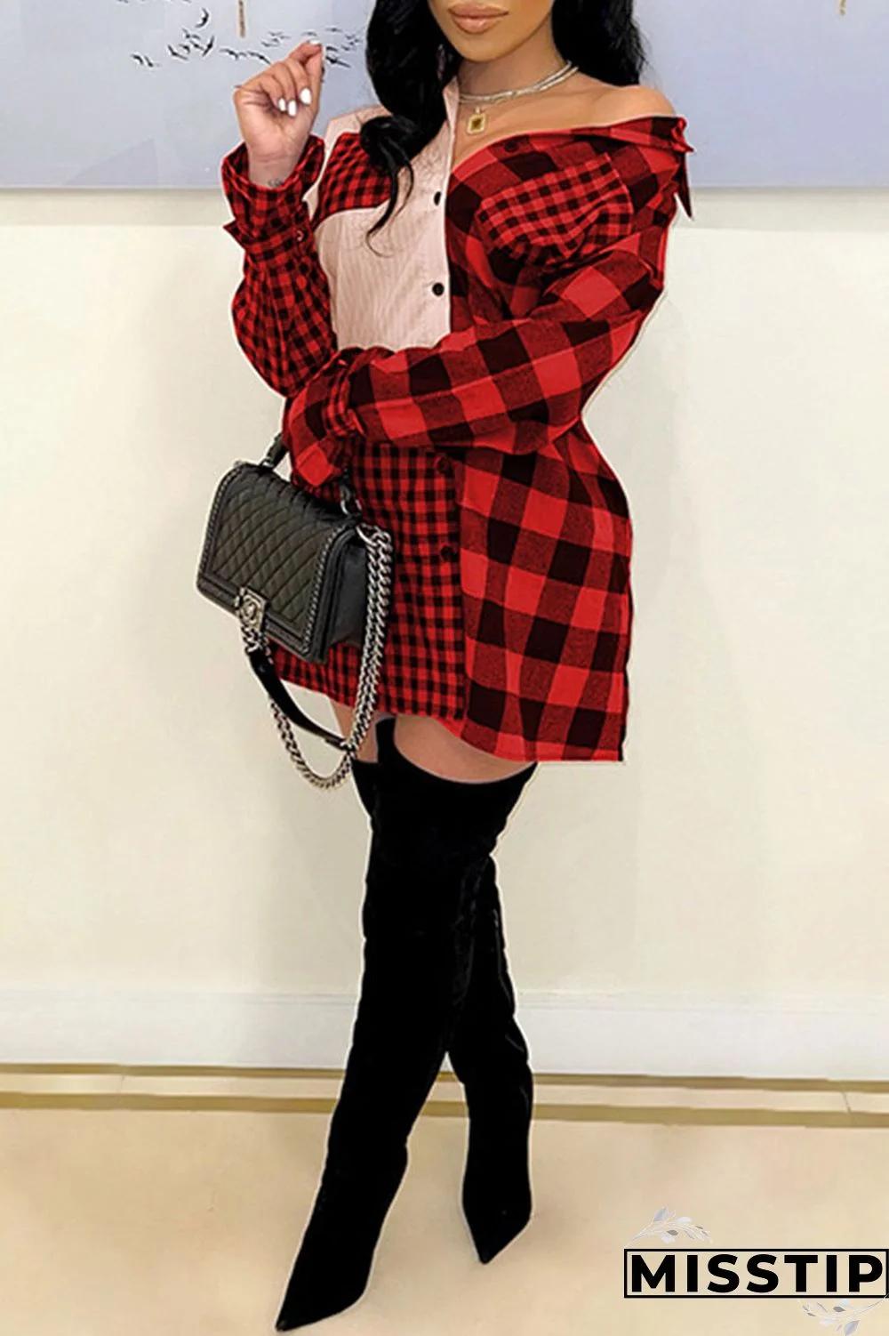 Deep Blue Casual Plaid Print Patchwork Buckle Turndown Collar Shirt Dress Dresses