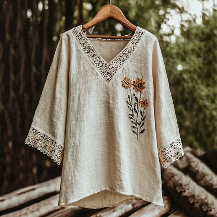 Utbros Women's Retro Floral Lace Patchwork Art Shirt
