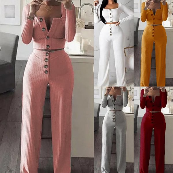 New Women's Two-Piece Long-Sleeved Button Cardigan Jacket Casual Home Suit Women's Jacket And Trousers Two-Piece Suit - Shop Trendy Women's Fashion | TeeYours