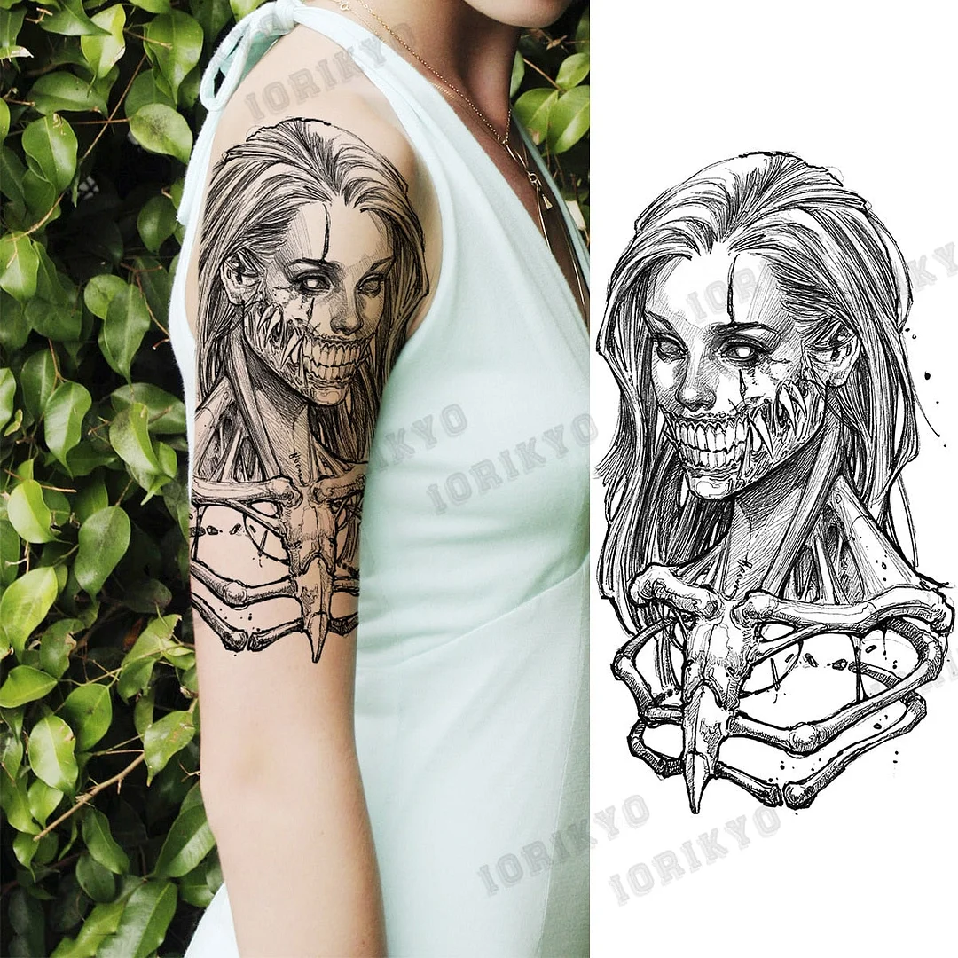 Black Devil Vampire Arm Temporary Tattoos For Women Adult Skull Lion Crown Compass Fake Tattoo Washable Body Art Painting Tatoos