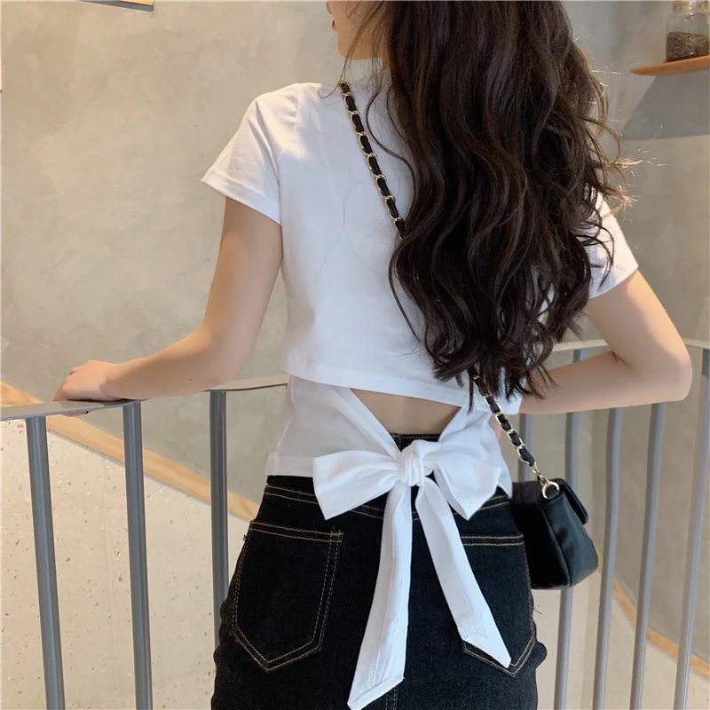Brownm Brownm T-Shirt Women's Clothes 2024 Summer New Hot Girl Show Back Bow Leakage Back Short Design Sense Top Tide