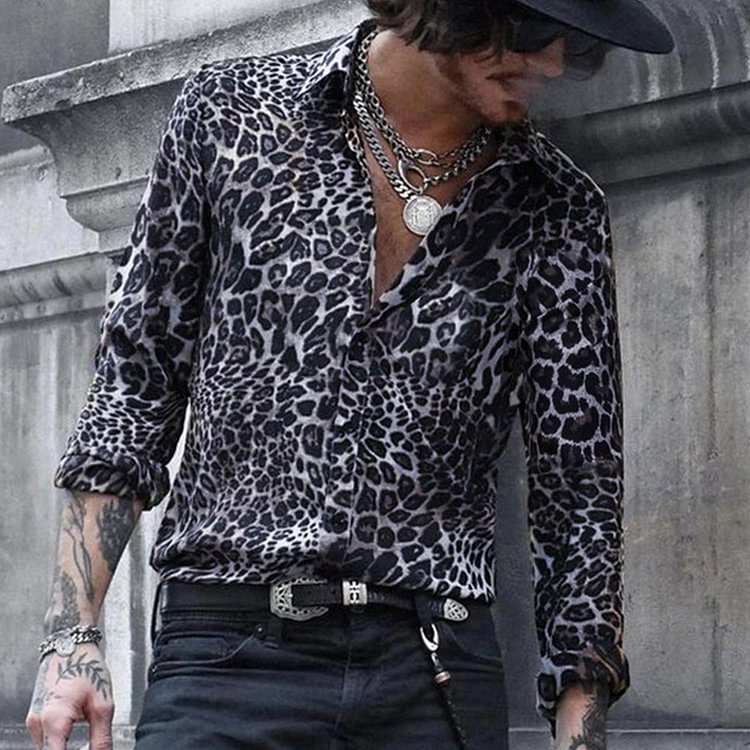 Luckstylish™ Men's Leopard Print Lapel Long Sleeve Shirt