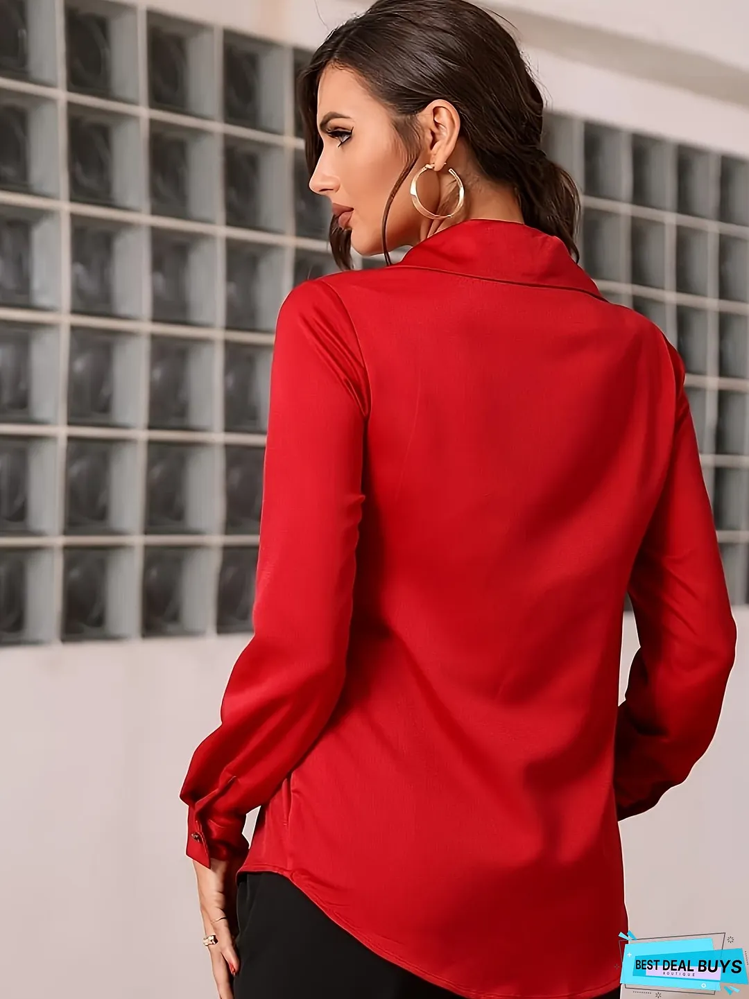 Button Front Asymmetric Crop Blouse, Stylish Long Sleeve Lapel Blouse For Spring & Fall, Women's Clothing