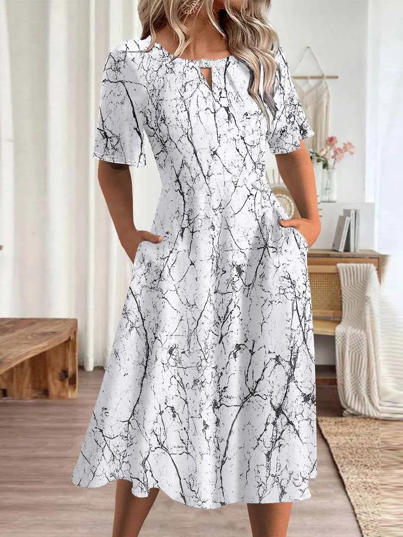 Women Striped,White DZHA8094 Short Sleeve Scoop Neck Graphic Printed Hollow Midi Dress