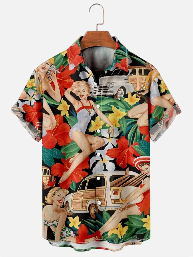 Mens Retro Hawaiian Shirts Floral Girls Print Casual Short Sleeve Hawaiian Shirts