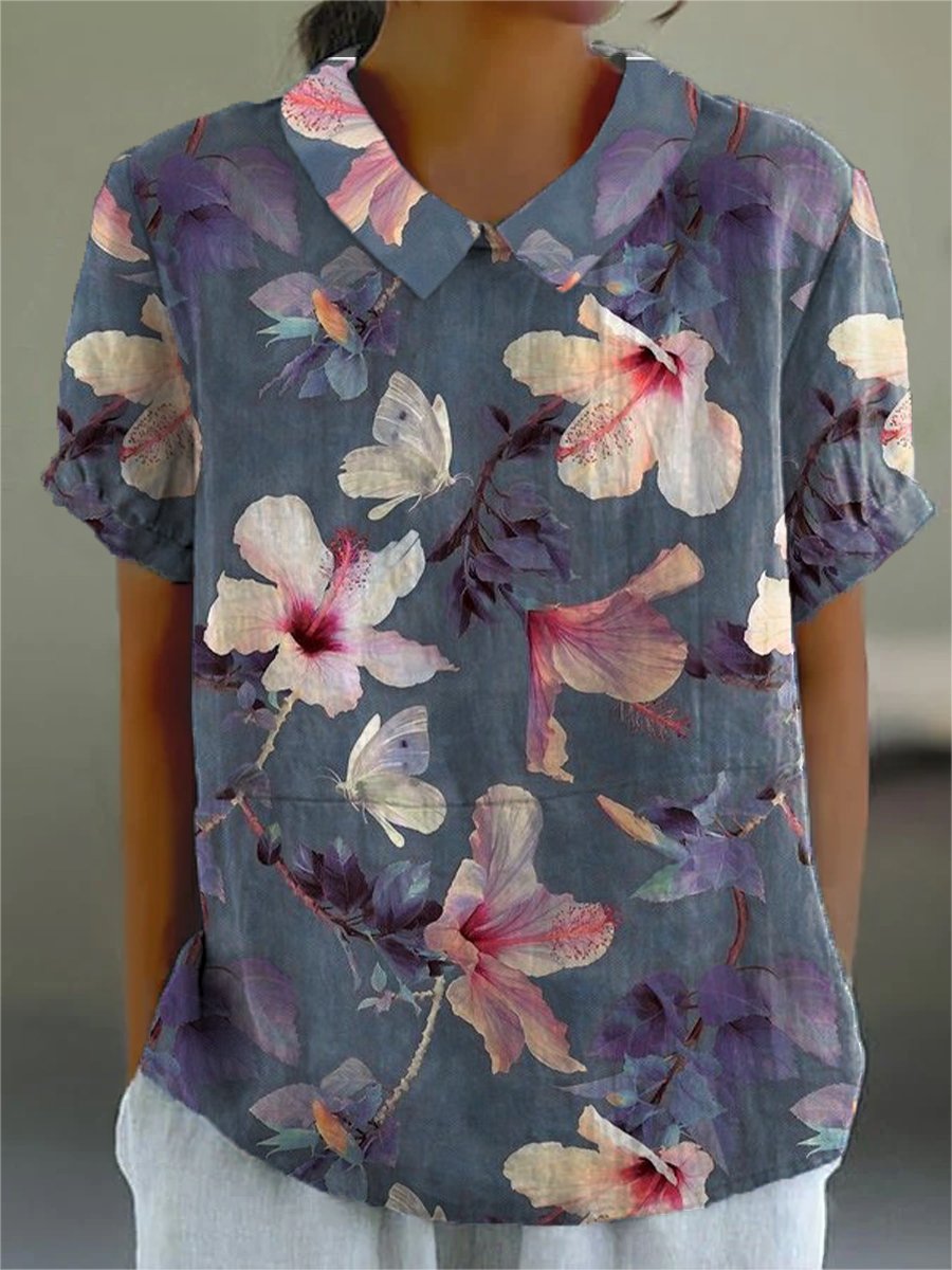 Women's Elegant Flowers Print Casual Cotton And Linen Shirt