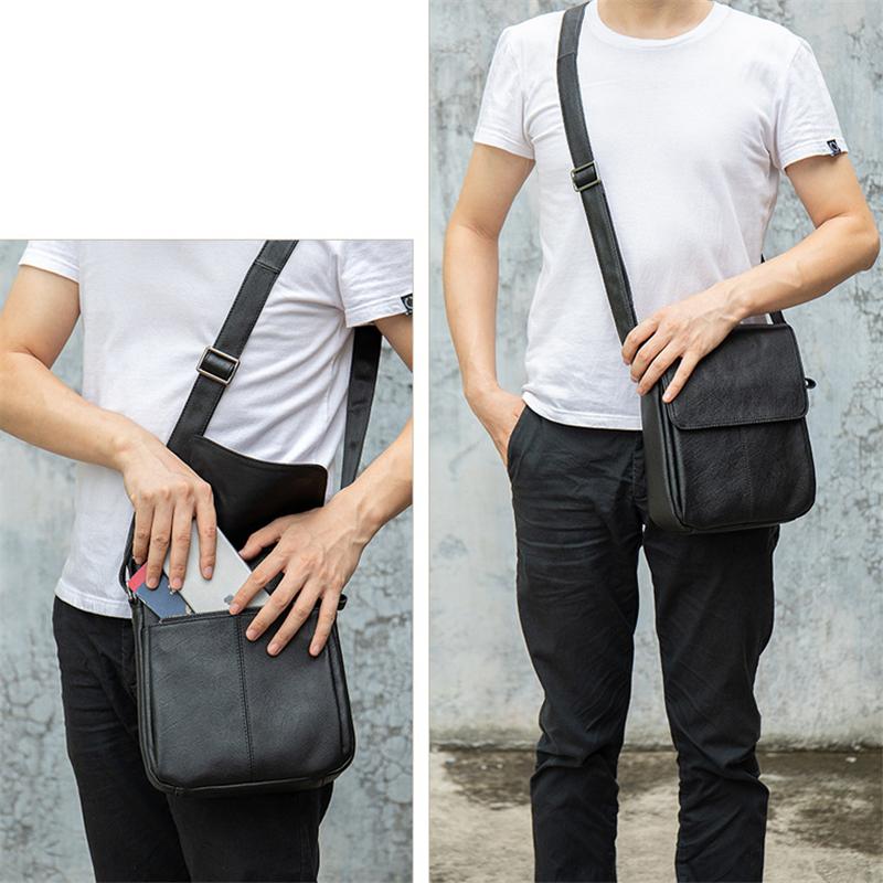 Black Single Tone Foldover Top Adjustable Sling Soft Leather Messenger Bag