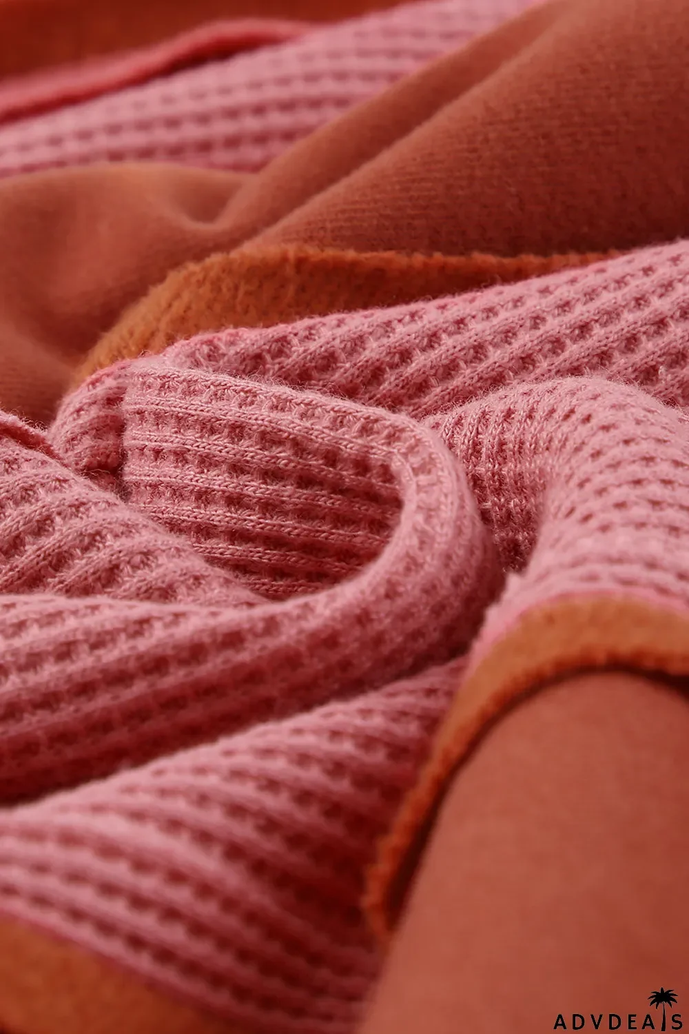 Red Waffle Knit Ripped Exposed Seam Patchwork Top with Thumbhole