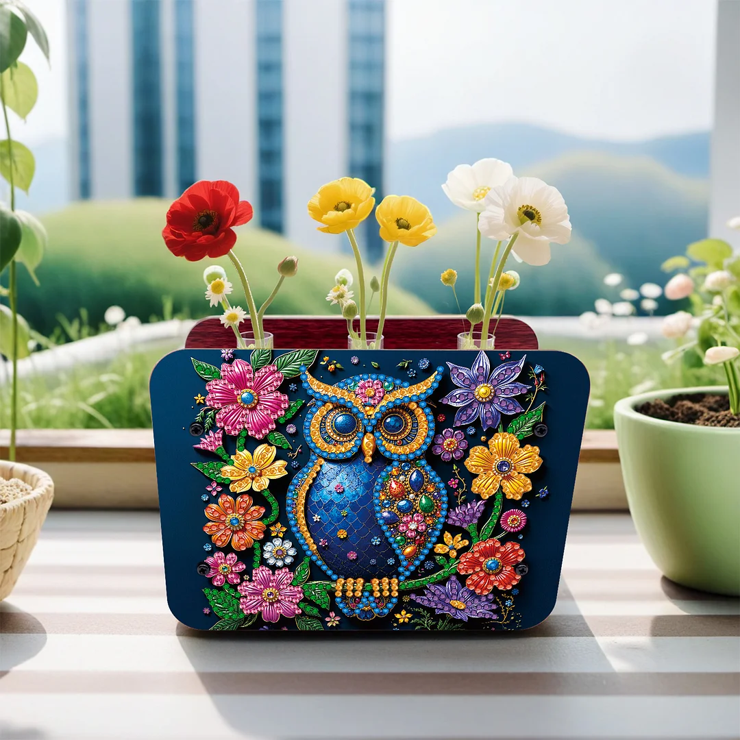 Gem Owl DIY Diamond Painting Wooden Tube Vase for Adults Gift Idea Home Decor