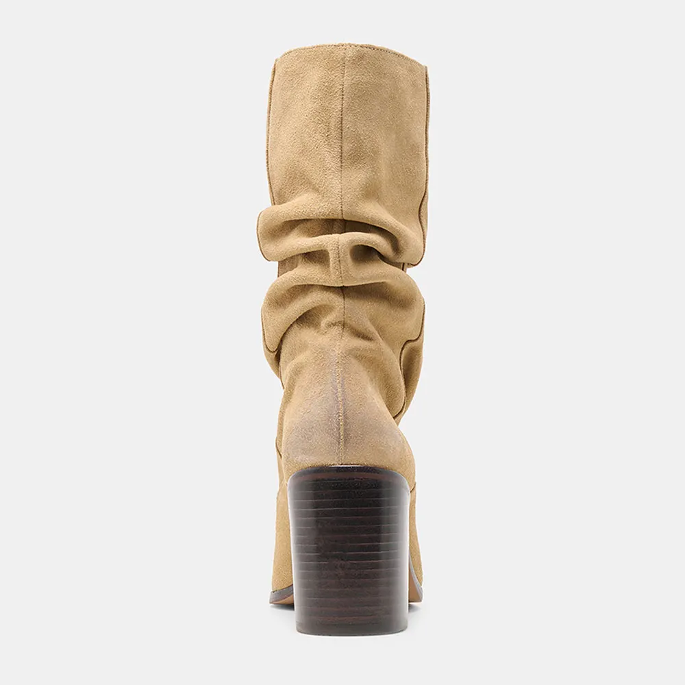 Dark Beige Pointed Toe Slouchy Mid Calf Boots for Women