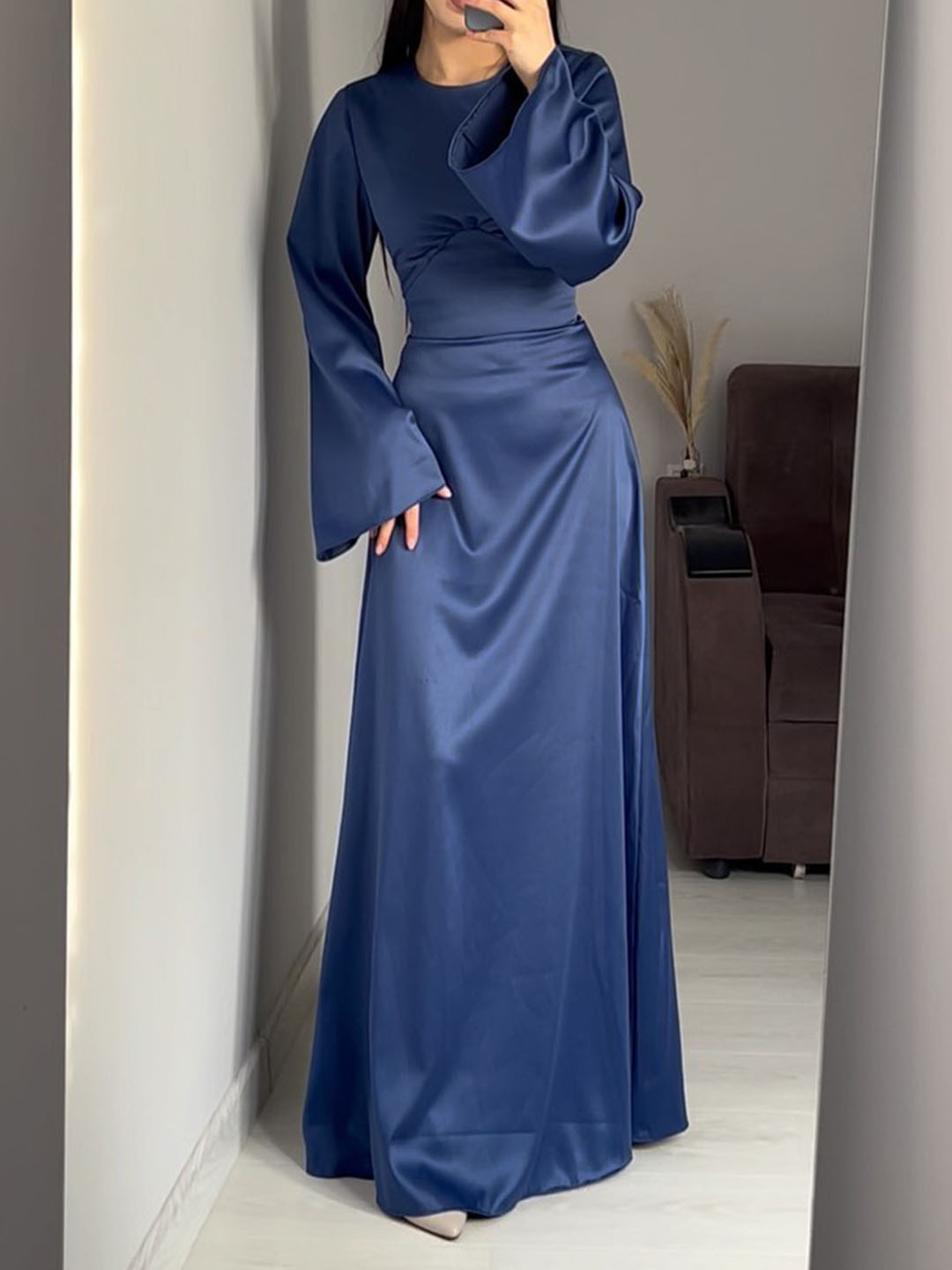 Simple Solid Color Waist Strapped Long Sleeve Dress | Oxredo Shop Ramadan Sale