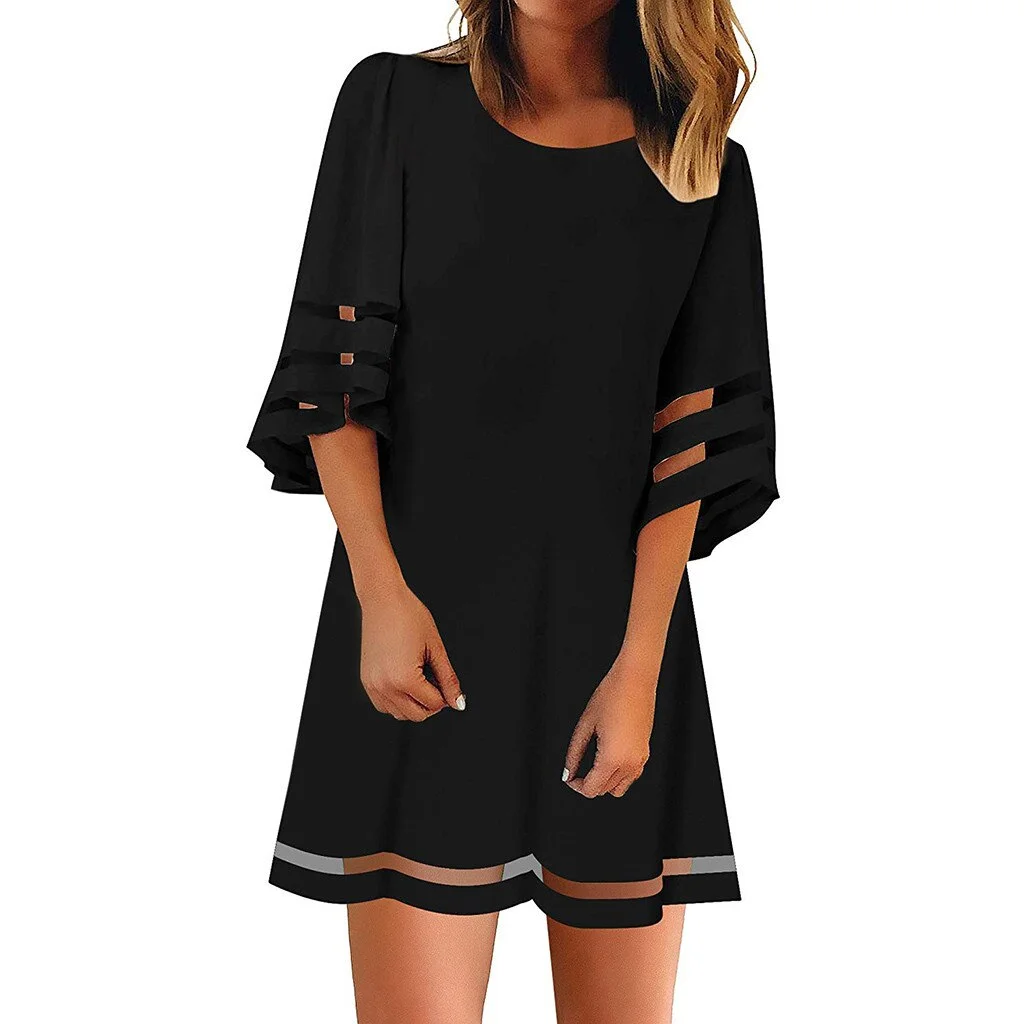 Mesh Dresses Women's O Neck Panel Blouse 3/4 Bell Sleeve Loose Top Shirt Dress Vestido De Mujer Summer Dress Sukienka Damska