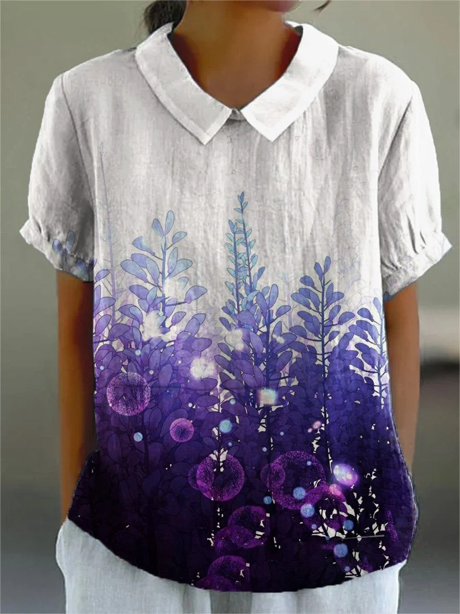 Women's  Flower  Art Print Casual Cotton And Linen Shirt