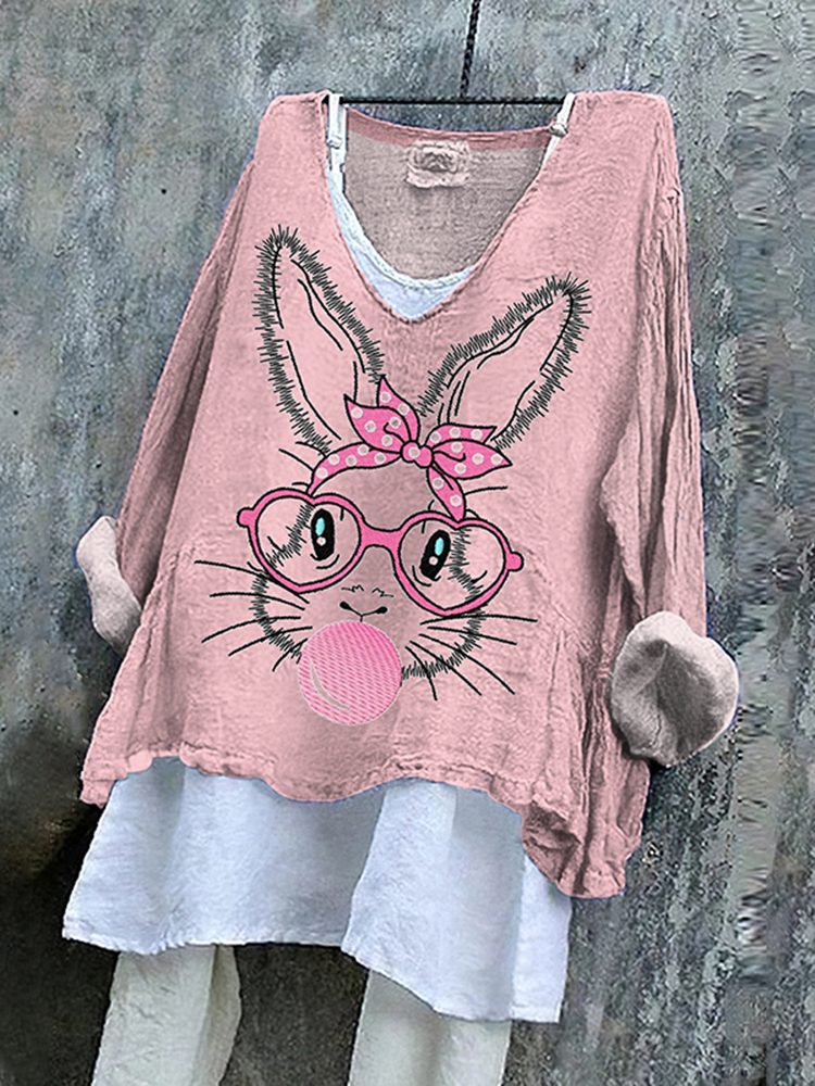Comstylish Women's Cute Bunny Embroidery Pattern Linen Blend Shirt