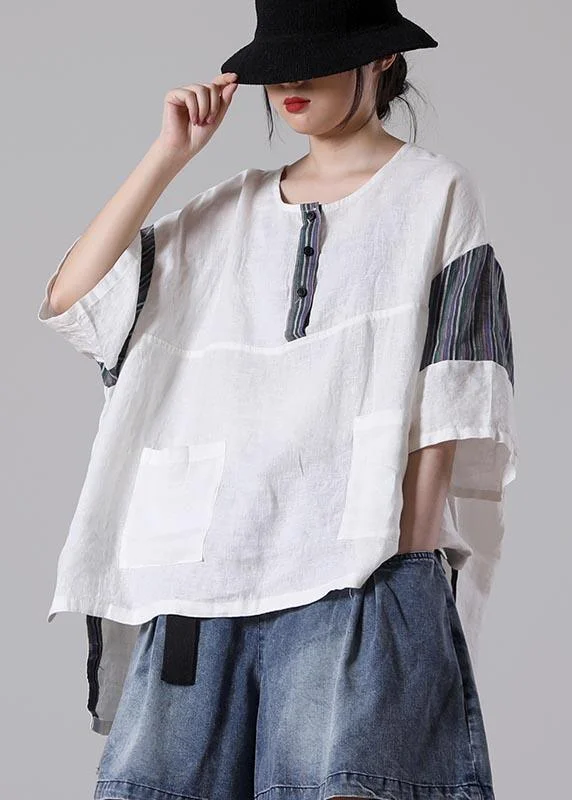 Classy White O-Neck Cotton Linen Summer Blouse Top