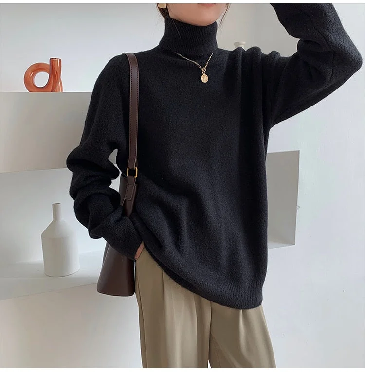 Hirsionsan Turtle Neck Basic Cashmere Sweater Women Elegant Thick Warm Female Knitted Pullovers Loose Casual Knitwear Jumper