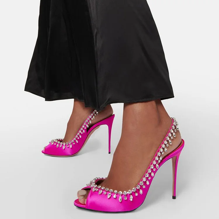 Hot Pink Satin Pumps Elegant Rhinestones Stiletto Slingback Heels Peep Toe Wedding Shoes |FSJ Shoes
