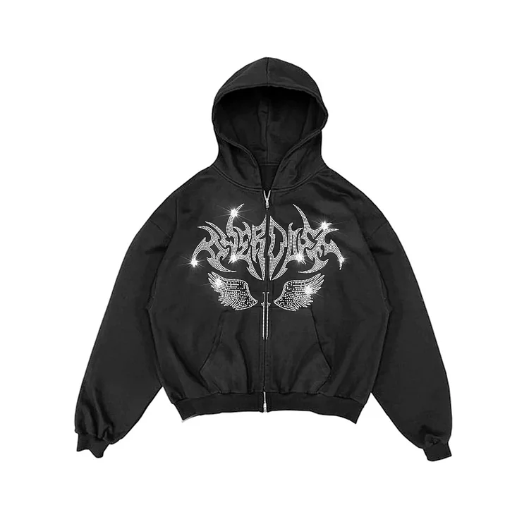 Rhinestone Print Pattern Full Zip Hoodie Y2k "Sword of Divinity" Sweatshirt Jacket at Hiphopee