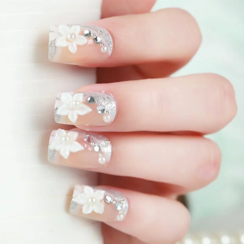 Bride Shining Rhinestone Wedding False Nails Ladies Simple Fashion French Fake Nails White Beige Acrylic Nail Tips With Glue-Nail Inspo