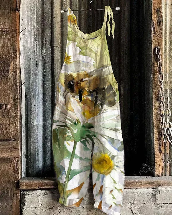 Women's Bee Flower Pattern Loose Casual Jumpsuit