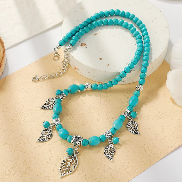 Women Turquoise Long Beaded Necklace Vintage Ethnic Leaf Necklace Jewelry
