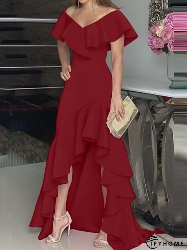 Party Dress Maxi long Dress Green Black Wine Fuchsia Dark Blue Short Sleeve Pure Color Ruffle Plus High Low Fall Spring V Neck Elegant Formal Party S M L XL XXL 3XL 4XL 5XL for Women | IFYHOME