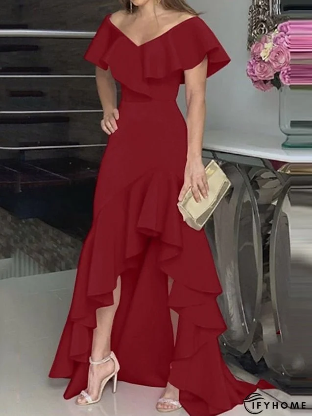 Party Dress Maxi long Dress Green Black Wine Fuchsia Dark Blue Short Sleeve Pure Color Ruffle Plus High Low Fall Spring V Neck Elegant Formal Party S M L XL XXL 3XL 4XL 5XL for Women | IFYHOME