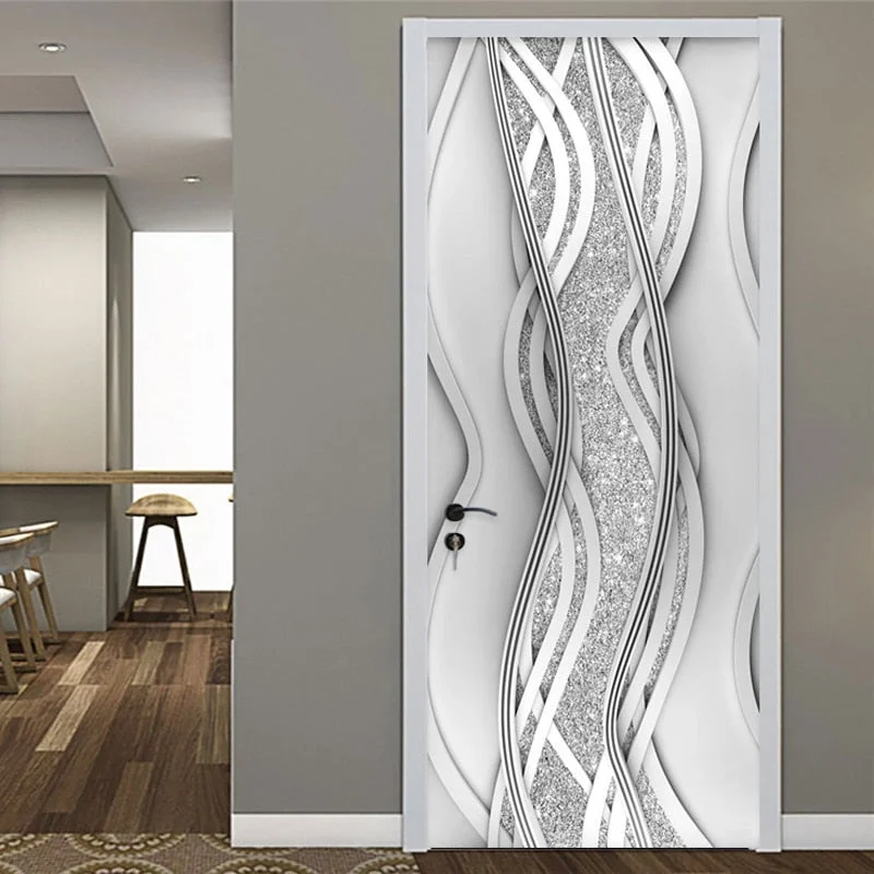 PVC Door Sticker Modern 3D Abstract Fashion Line Silver Pearl Wallpaper Living Room Art Door Poster Self-Adhesive Mural Stickers