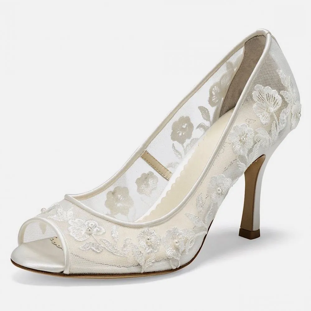 Women's Wedding Shoes White Peep Toe High Heel Buckle Bridal Shoes with Pearl Tassel