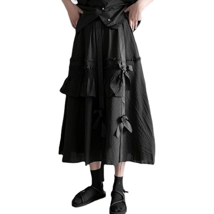 Chic Texture Ribbon Bow Decor Patchwork Pleated Ruffle Mid Calf Skirt      