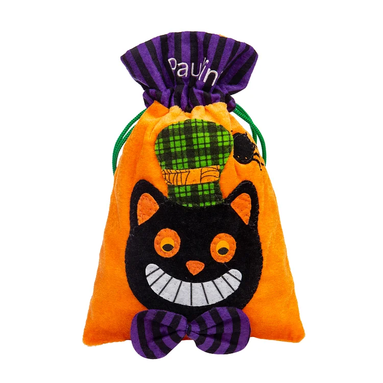 1 Name-Personalized Black Cat Halloween Tote Bags, Custom Kids Halloween Trick or Treat Candy Bags with Black Cat