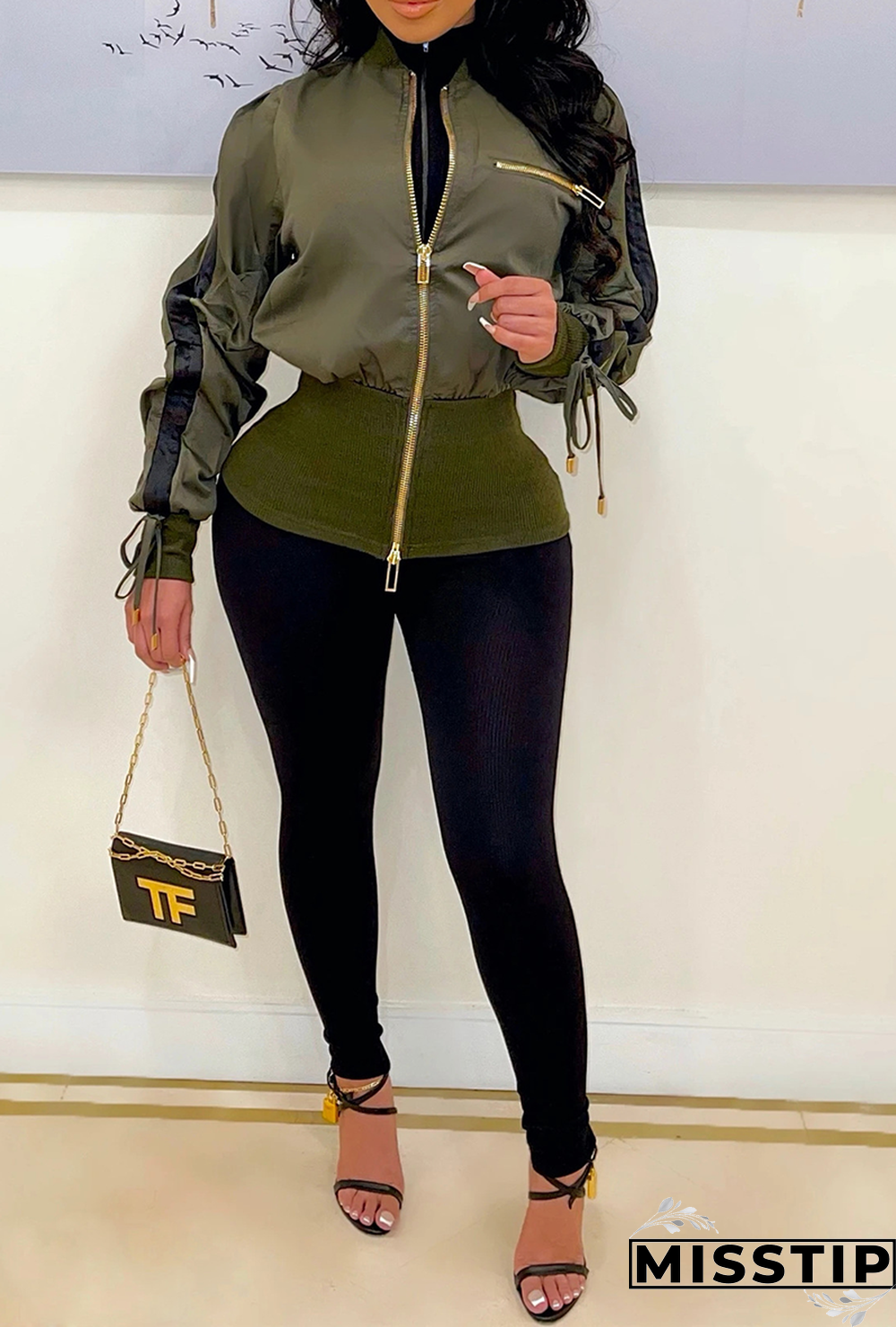 Brown Casual Solid Draw String Zipper Collar Outerwear