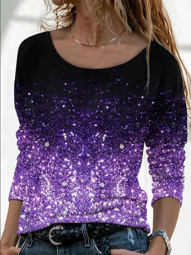 Uveng Long Digital Printing Sleeve Loose Neck Casual Pullover Print T-shirt