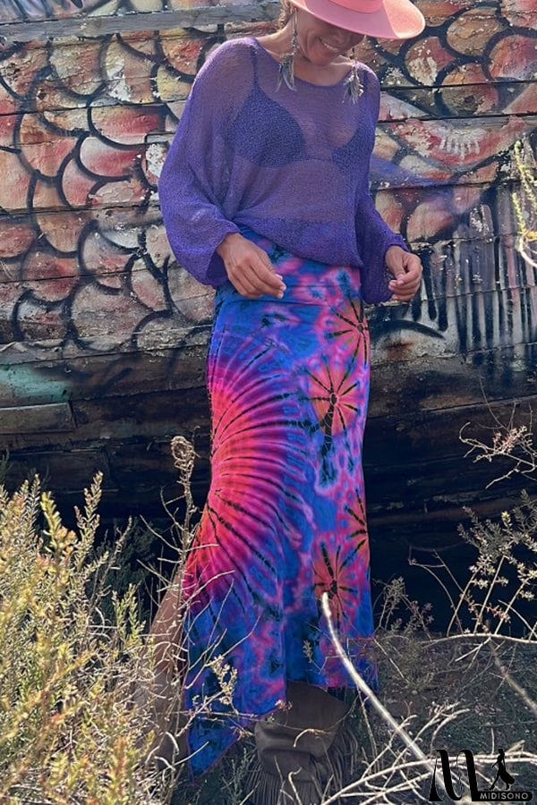 MidiSono - Preston Tie-dye Print Ruched Waist Stretch Slit Maxi Skirt