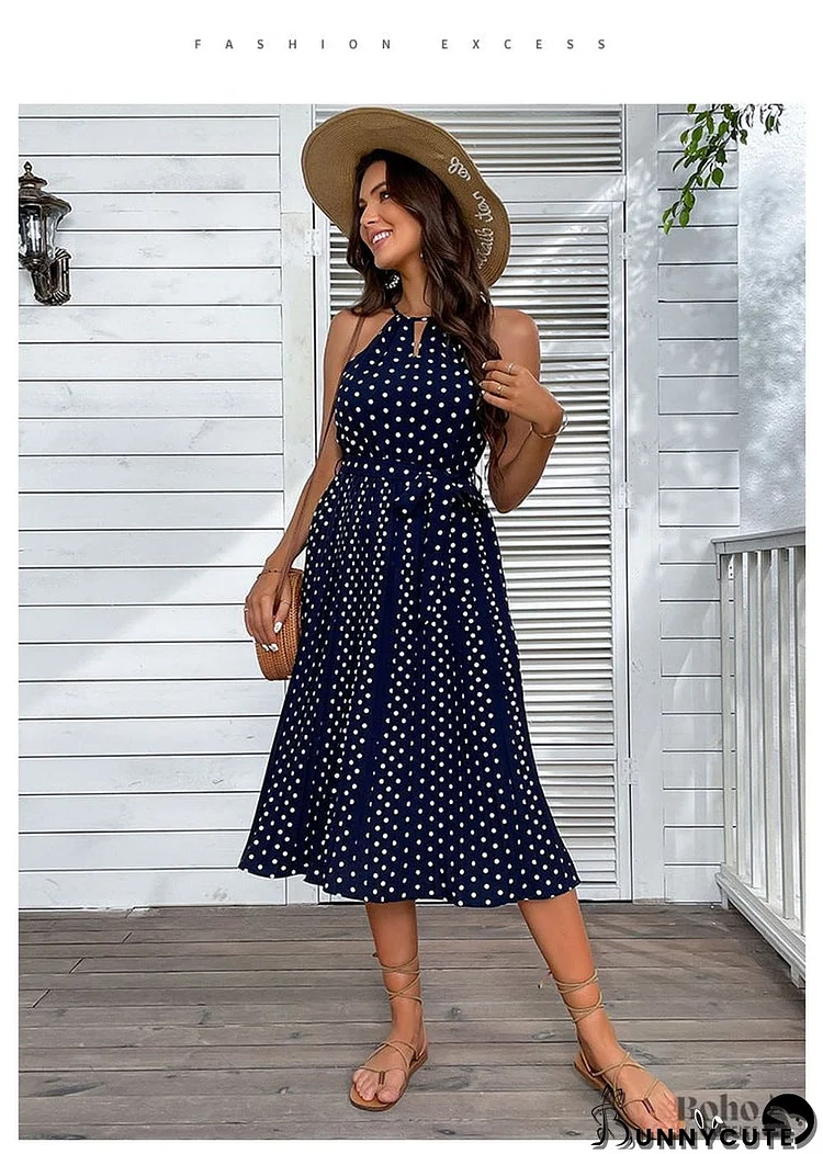 Boho Blue Sling Polka-dot Beach Midi Dress Jia