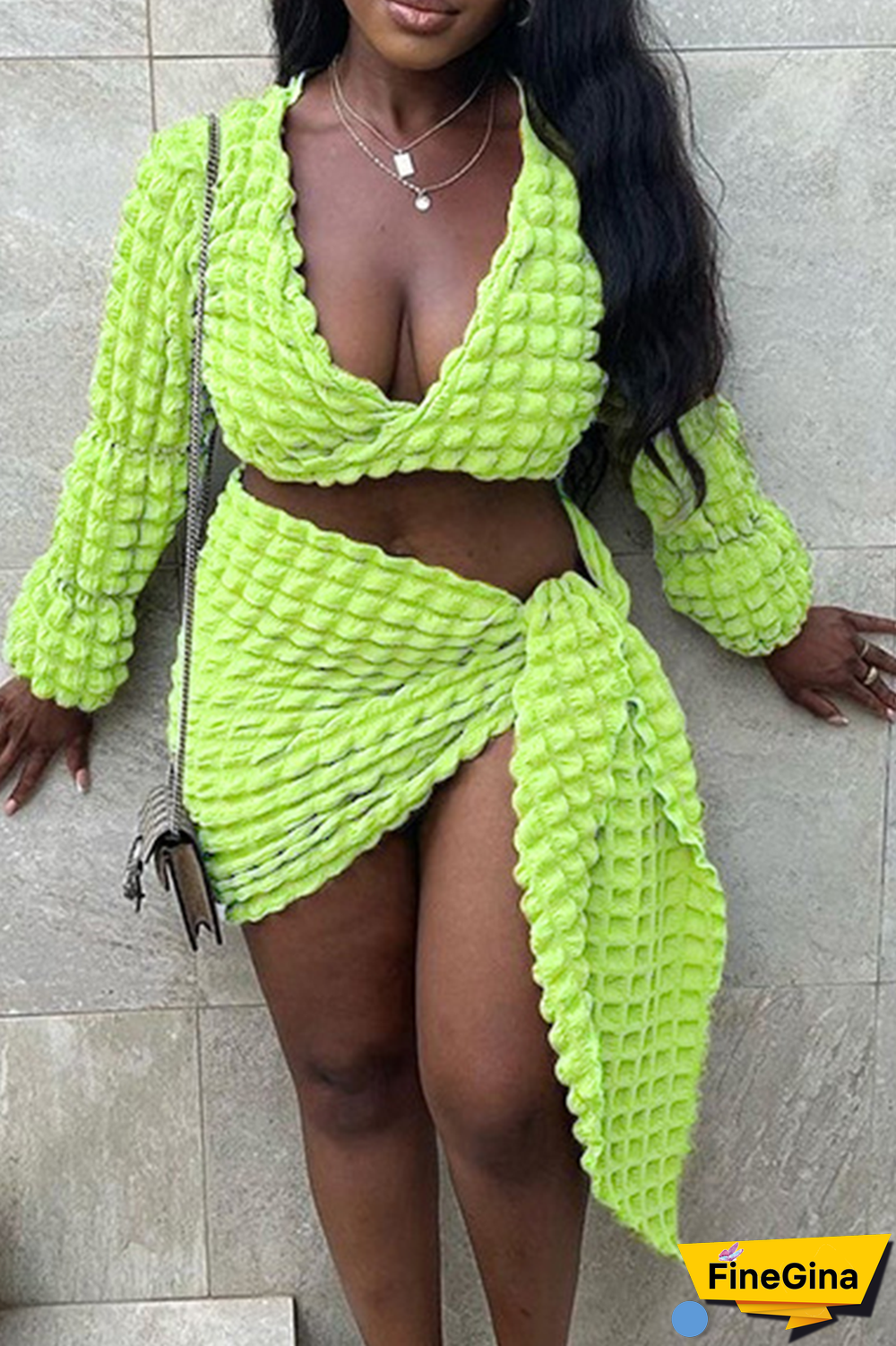 Light Green Street Solid Bandage V Neck Long Sleeve Two Pieces