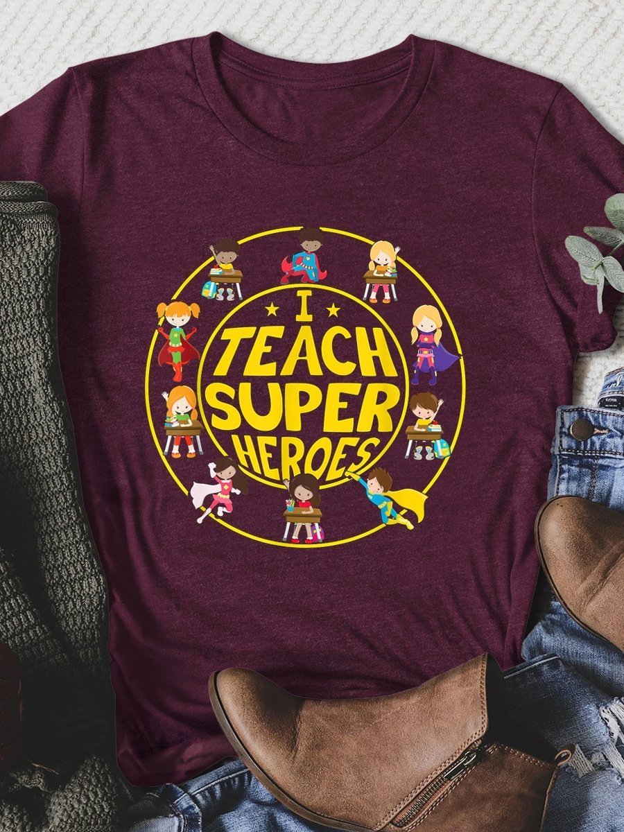 I Teach Super Heros Print Short Sleeve T-shirt