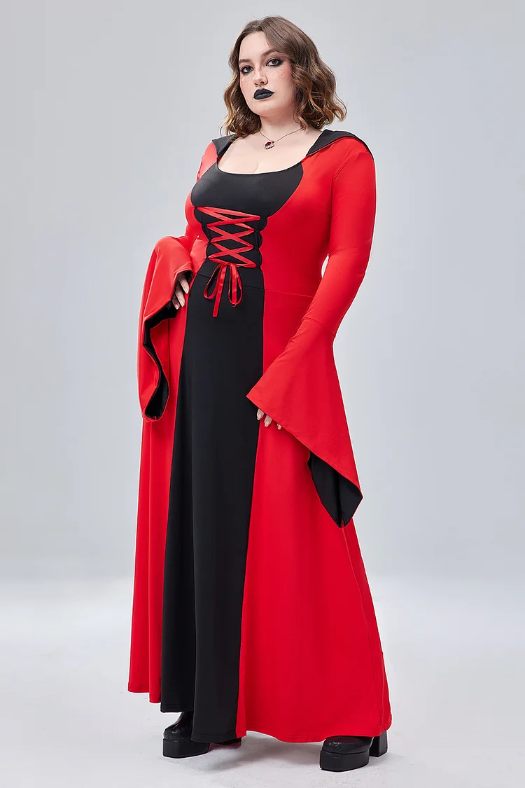 Xpluswear Design Plus Size Halloween Costume Red Hooded Lace Up Witches  Trumpet Sleeve Knitted Maxi DressShips 24h - Xpluswear.com