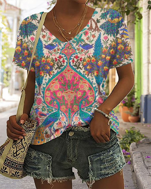 Vintage Peacock Floral Print Casual Short Sleeve T-Shirt