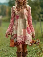 Women's Retro Rose Striped Casual Linen Short Dress