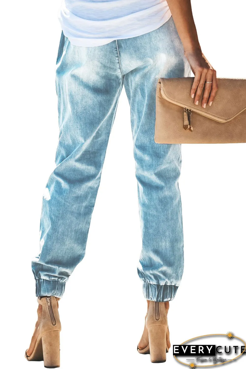 Sky Blue Distress Drawstring Pocketed Joggers