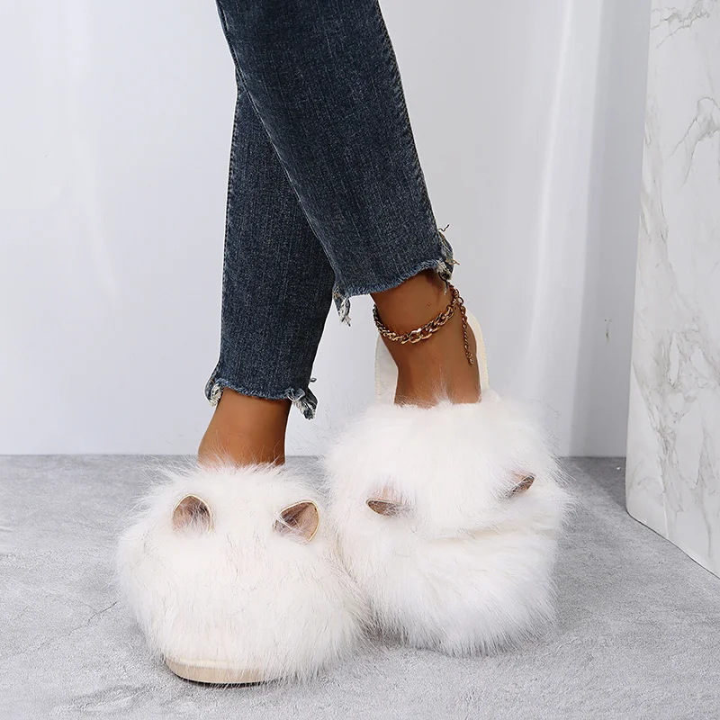 Breakj Cotton Slippers 2023 Lovely Ears Home Hair Slippers Women's Autumn And Winter New Large Size Cotton Warm Slippers