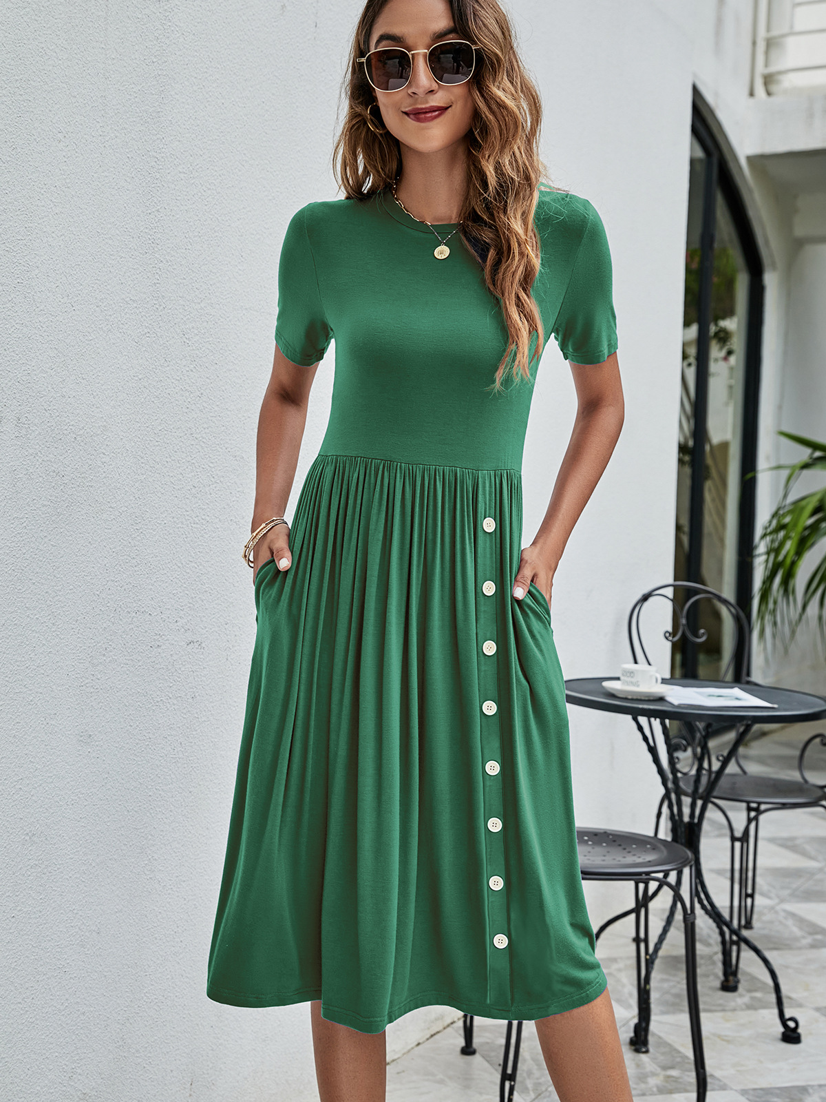 Solid Color Buttons Pocket Casual Women's Knitted Dress
