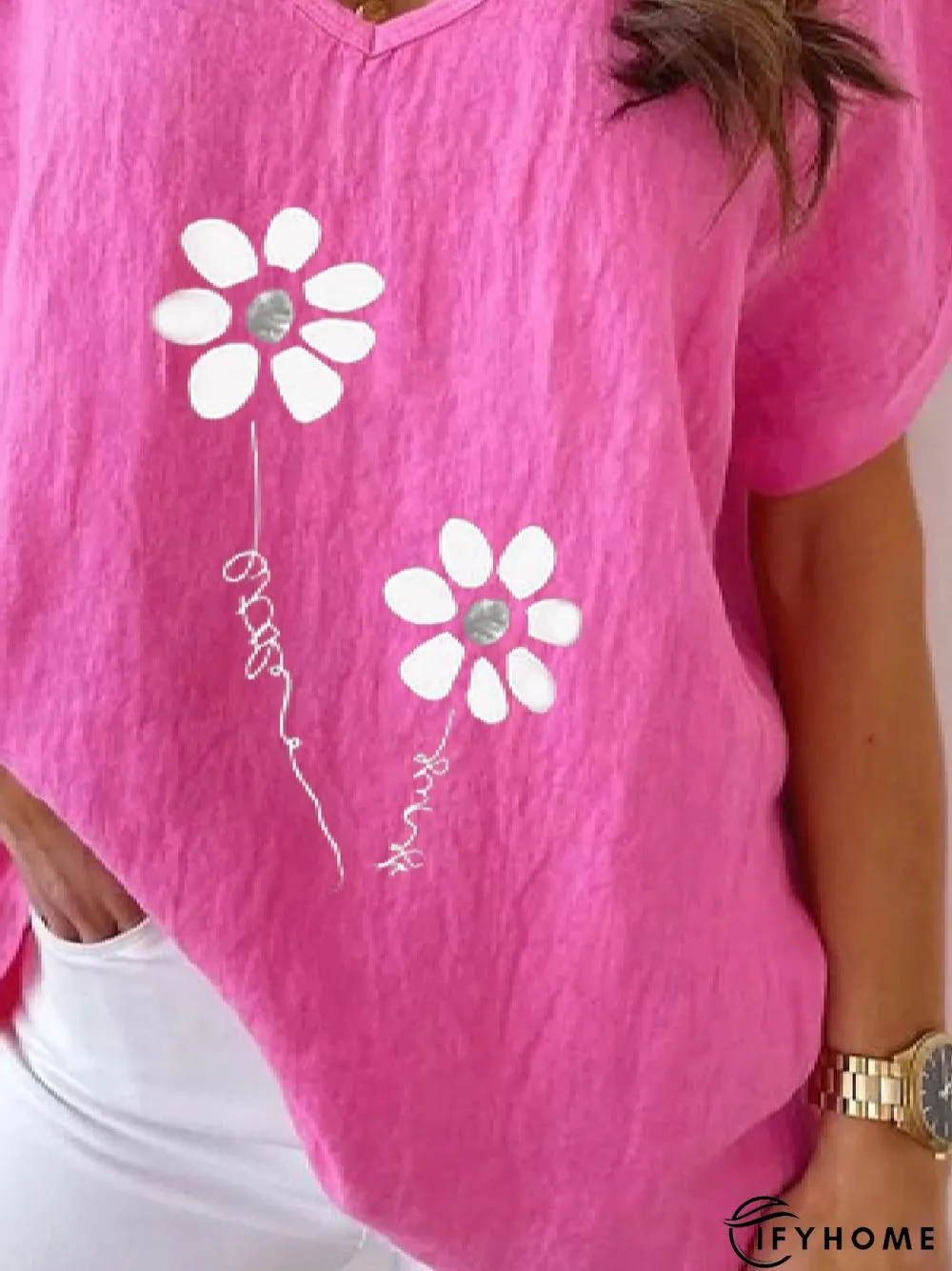 Casual Floral V Neck Loosen Short Sleeve Top | IFYHOME