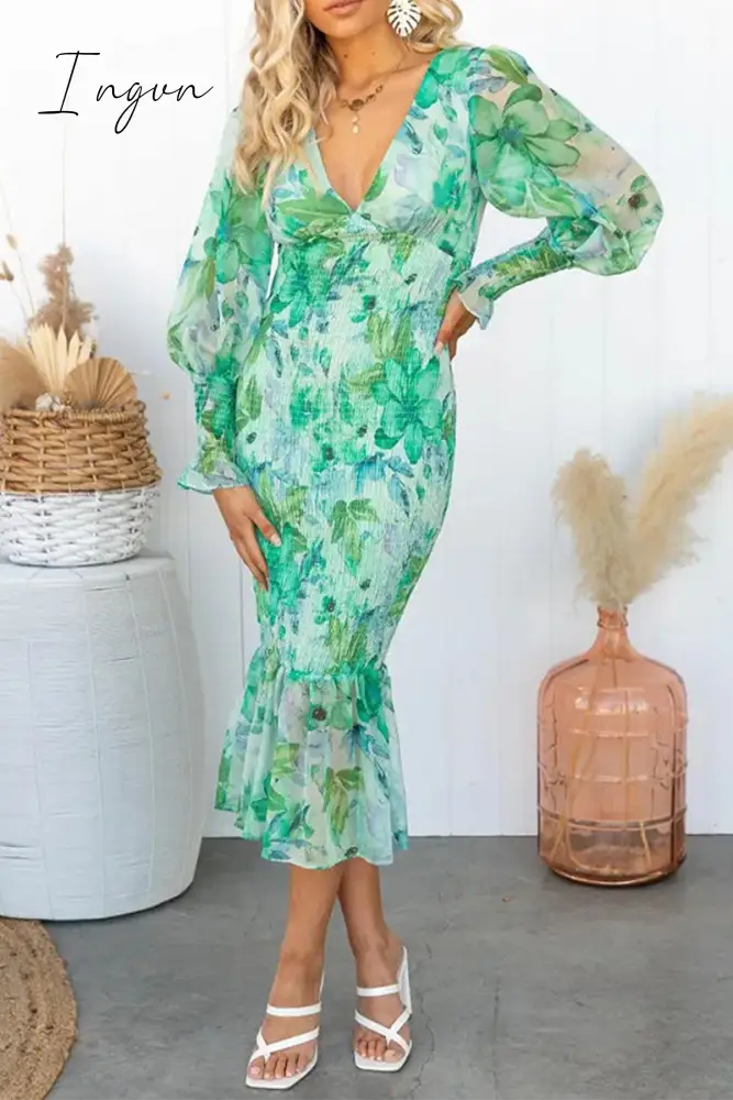Ingvn - Celebrities Elegant Floral Frenulum V Neck One Step Skirt Dresses Green / S Dresses/Floral