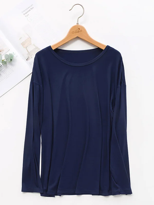 Pure Color Roomy Round-Neck Long Sleeve T-Shirt Tops