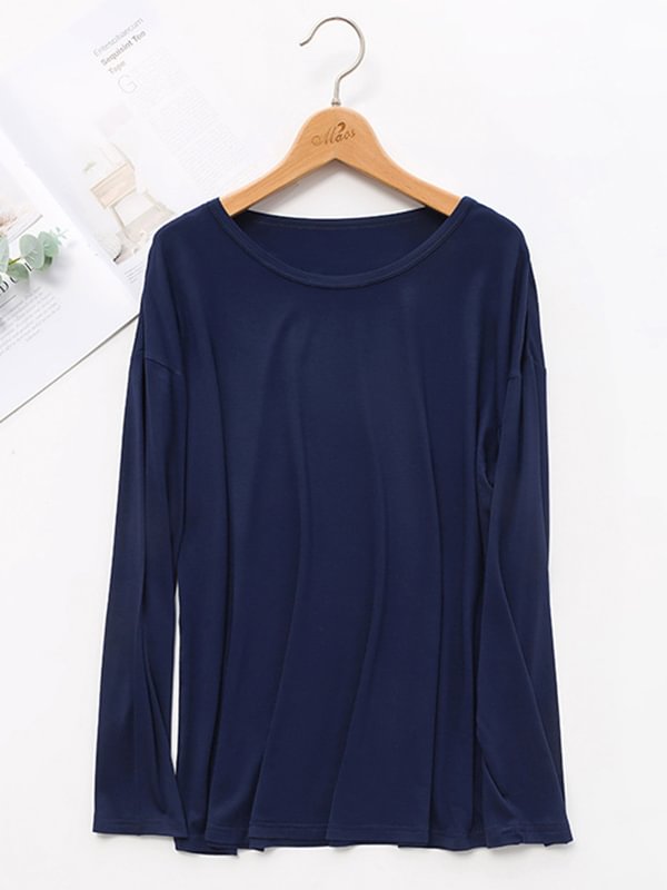 Solid Color Loose Round-Neck Long Sleeve T-Shirt Tops